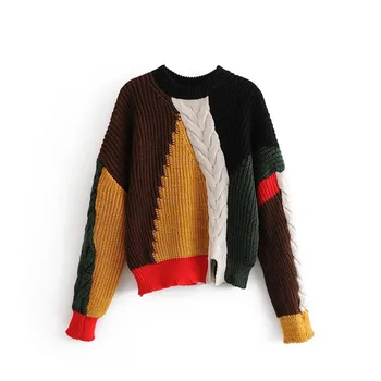 

2018 Fall Winter New Korea Ribbed Sweater Women Coarse Pullover Patchwork Thick Twist Knitting Sweater Women Warm Sweater Thick