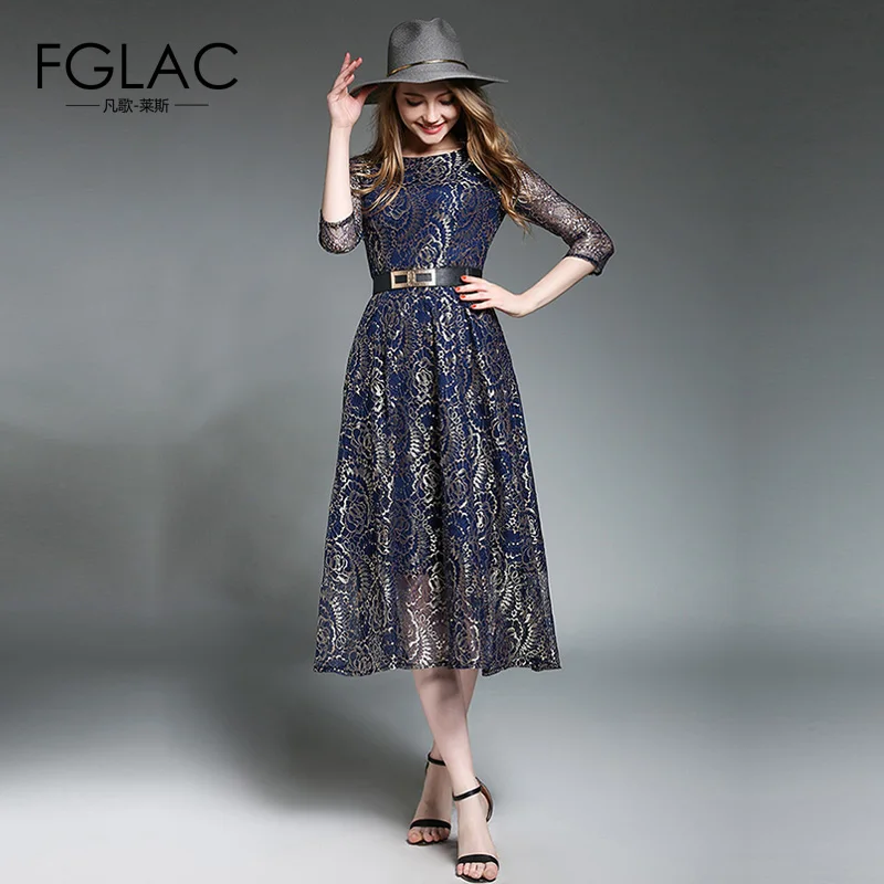 FGLAC Vintage dress New Arrivals 2018 Spring Fashion Hollow out lace dress Elegant Slim High waist long dress women vestidos
