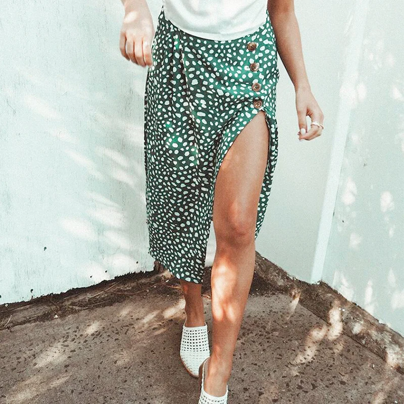 

Melegant 2019 Summer Boho Skirt High Waist Split Midi Women Skirts Sexy Casual Green Leopard Button Chic OL Skirt High Fashion