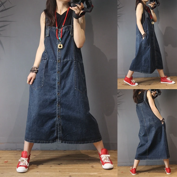 

Spring Autumn Women Casual All-match Loose Plus Size Vintage Denim Spaghetti Strap A-line Dresses