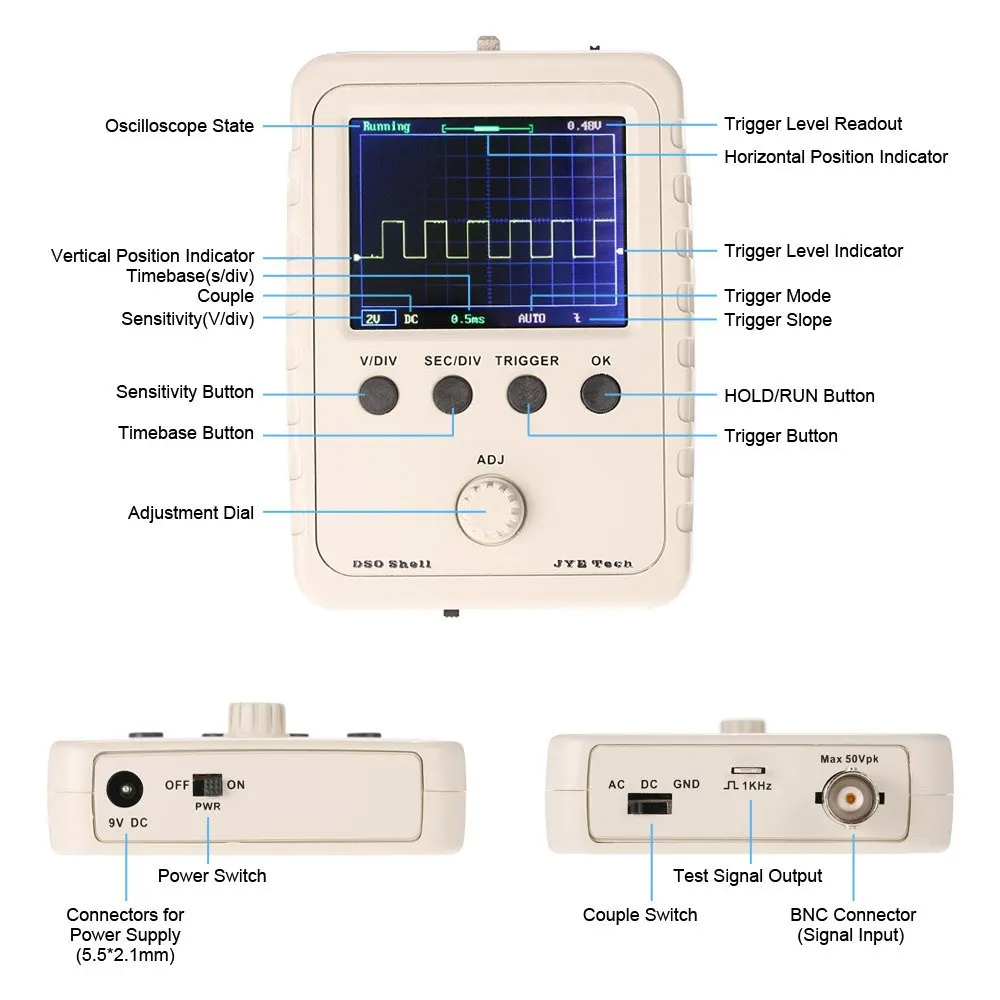 JYE Tech DSO Shell(DSO150) цифровой осциллограф 2," TFT Ручной Карманный логический анализатор+ зажим для корпуса зонд 1MSa/s 0-200 кГц