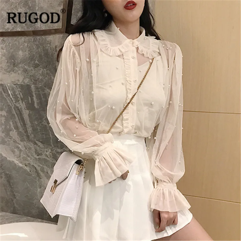 RUGOD 2019 прозрачные весенние женские топы и блузки с расклешенными рукавами