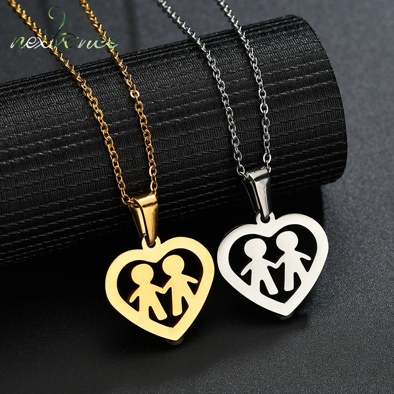 

Nextvance Hollow Heart Family Pendant Necklace Two Boy Hand with Hand Necklaces for Mother Father Gift Stainless Steel Jewelry