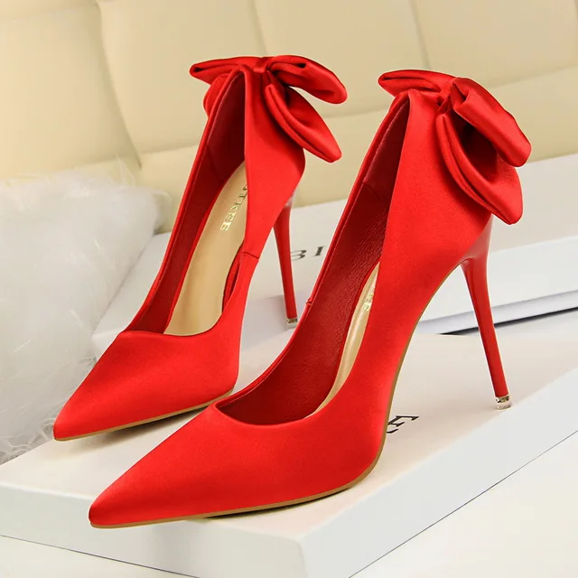 High heels bridal red wedding shoes fashion satin bowknot stiletto ...