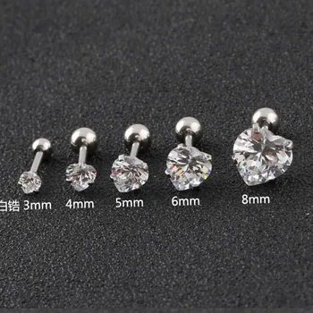 

HENGKE CZ Clear Crystal Gem Korean Zircon Earrings Ear Stud Stone bone Nails Round Star Heart Square Tragus Steel 16G Women