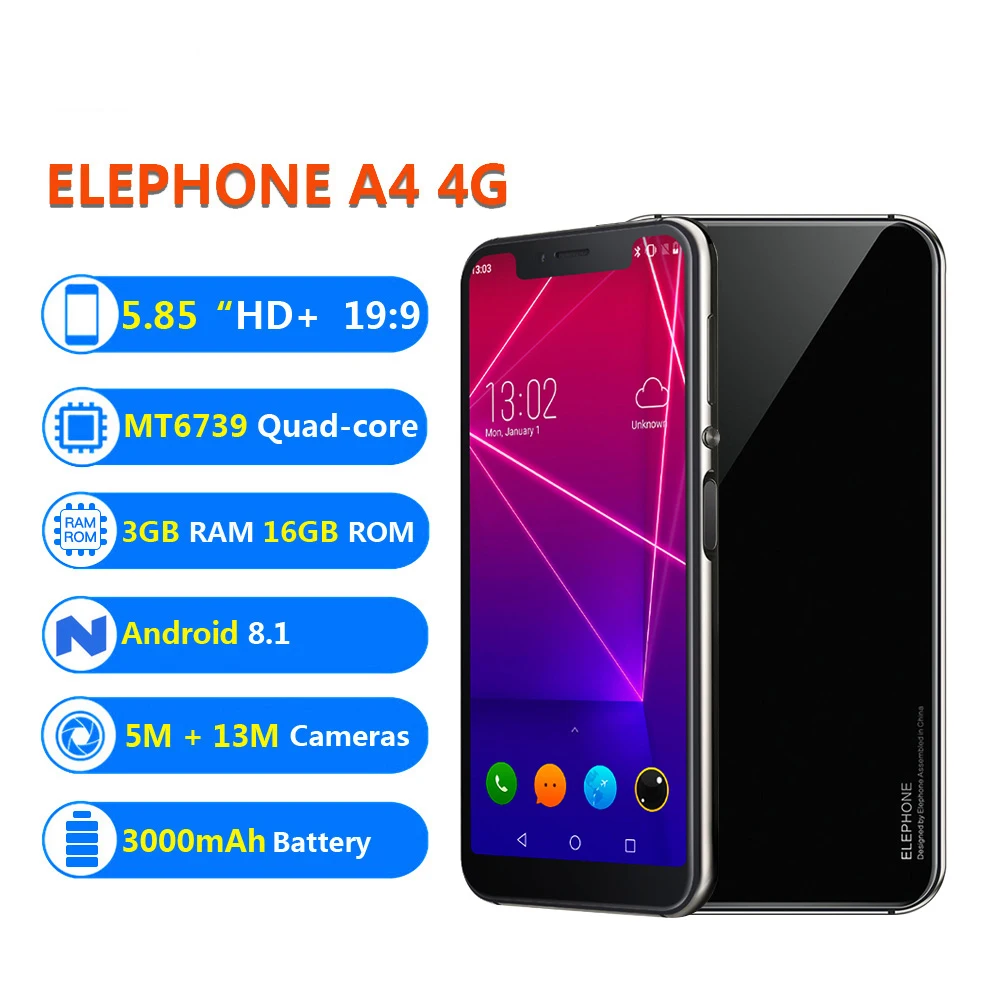 Elephone A4 MT6739 четырехъядерный мобильный телефон 19:9 HD+ экран 5,85 дюймов Android 8,1 смартфон 3 Гб ram 16 Гб rom 4G LTE мобильный телефон