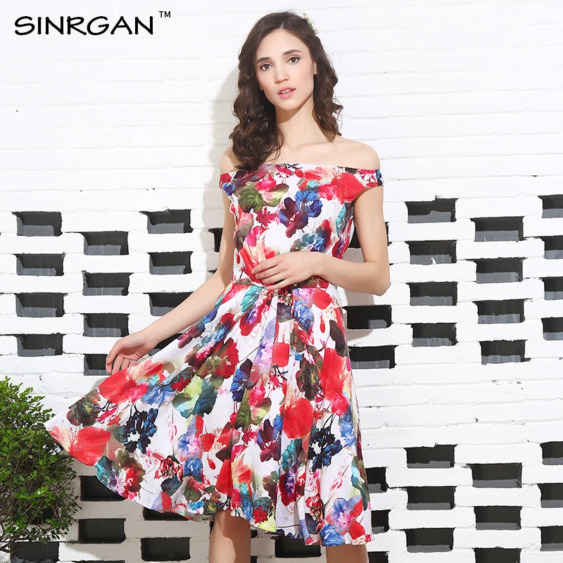 

SINRGAN Women Printing Dresses Padded Print Summer Dress Boho Strap Red Flower Print Short Dress 2019 New Summer Beach Dress