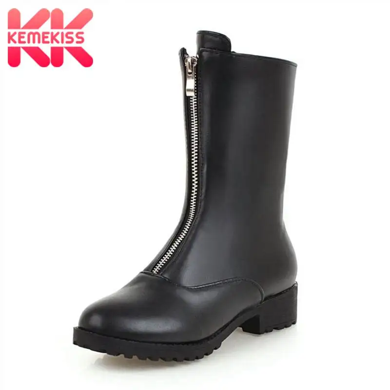 

KemeKiss Pu Leather Plus Size 34-45 Fashion Mid Calf Boots Zipper Square Heel Simple Casual Daily Shoes Woman Footwear Botas