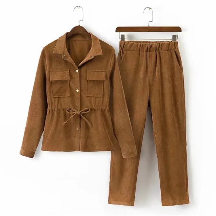 

2019 Fashion New Autumn Tracksuit Solid Color Casual Lapel Single Breasted Belt Jacket Feet Pants Set Woman Casual Tracksuits