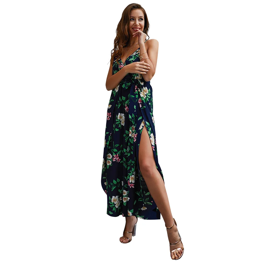 

Original Design 2019 New Summer V Neck Slit Printed Suspender Jumpsuit