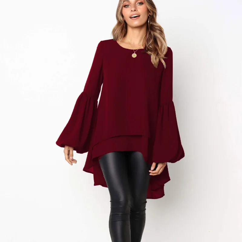 

Women Chiffon Ruffled Tops Blouse Flare Long Sleeve Solid Casual Blouse Simple Swallowtail Design Top Summer Clothes Mujer