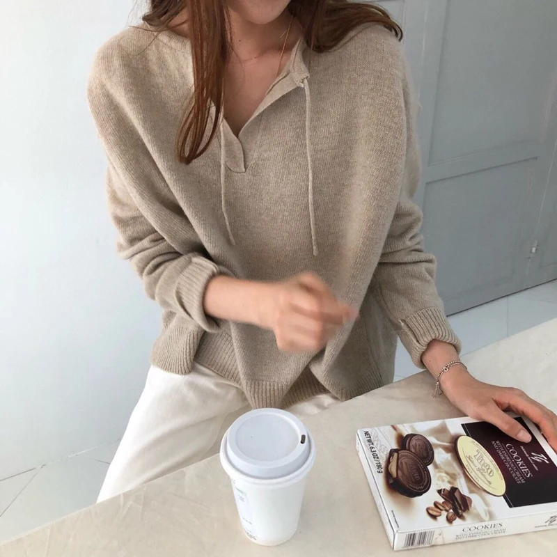 

Autumn Winter Knitted Sweater Women Drawstring Pullover V Neck Long Sleeve Plus Size Warm Sweater Plus Size Jurken Vestidos