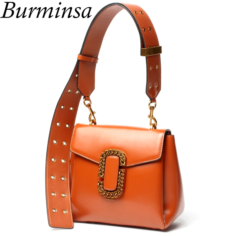

Burminsa Wide Strap Genuine Leather Crossbody Bags Famous Brand Designer Handbags High Quality Shoulder Messenger Bags For Women