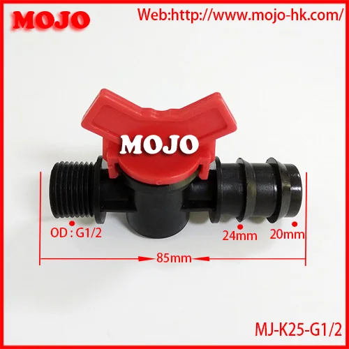 

Free shipping!(2pcs/Lots) MJ-K25-G1/2 Water valve for barb:25mm to Male thread:G1/2" diameter garden irrigation water faucet