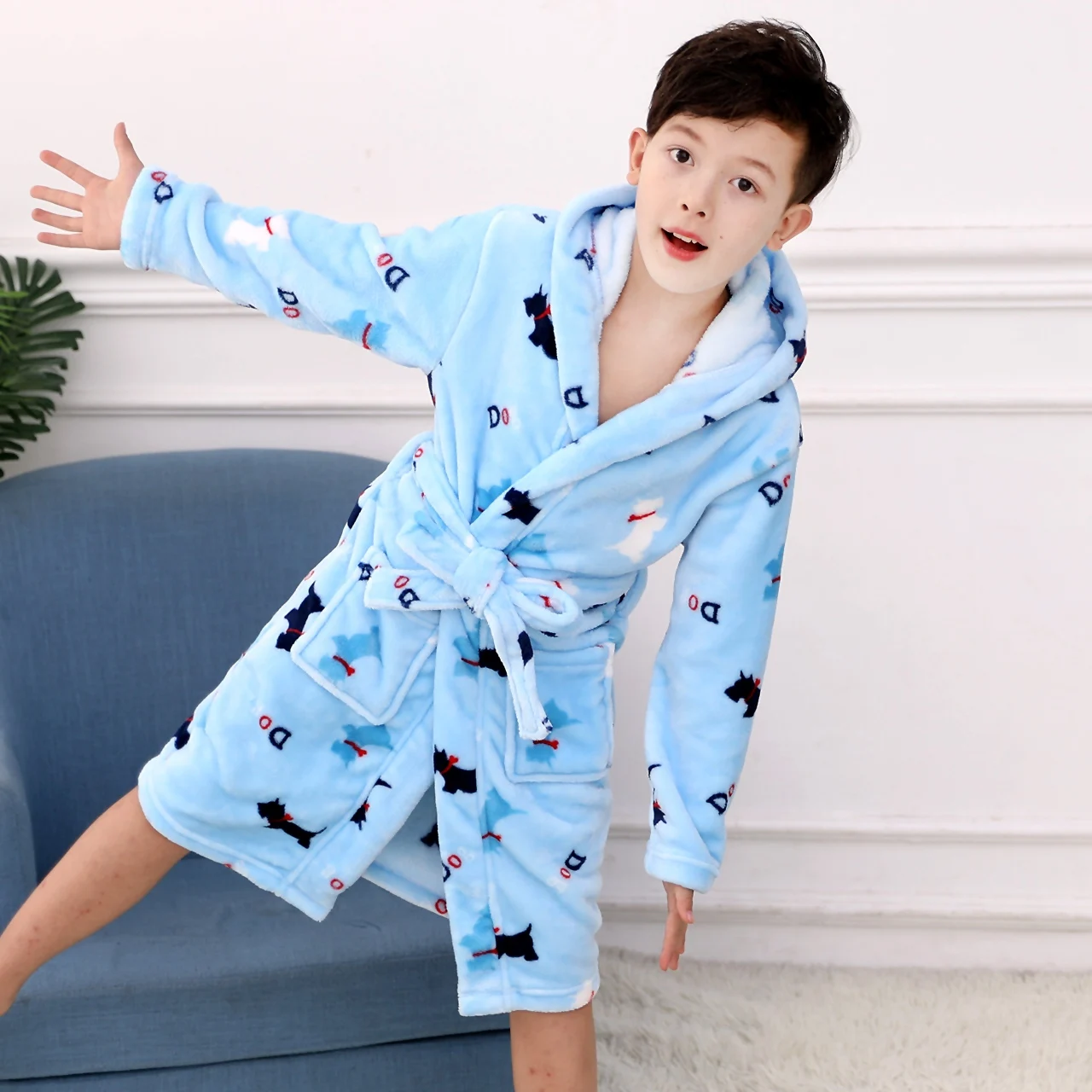 Детская одежда банный халат с капюшоном в виде животных, банный халат для больших мальчиков, осенне-зимние фланелевые банные халаты для девочек, банные халаты для детей, пижамы - Цвет: blue puppy Hooded
