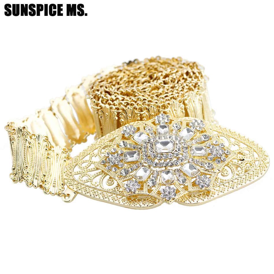 

SUNSPICE-MS Morocco Women Caftan Metal Belly Chains Waist Belt Hollow Flower DUBAI Rhinestone Wedding Body Jewelry Wholesale