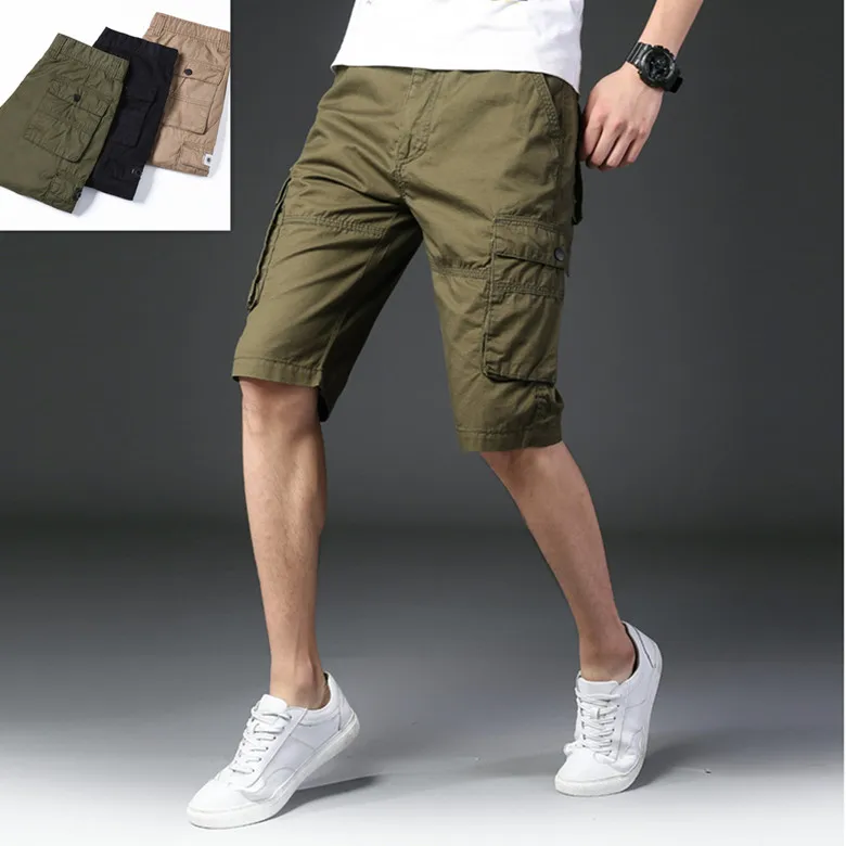 

100% cotton khaki army green black solid color safari style multi pockets bermuda cargo shorts for men boys summer season