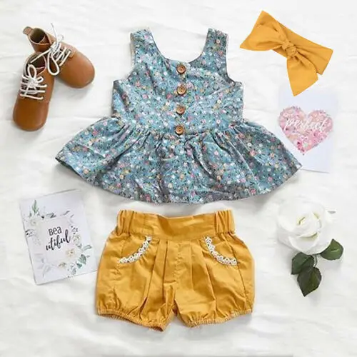 

Toddler Kids Baby Girl Summer Outfit Clothes Floral Dress Tops+Shorts Pants 3PCS Set 0-24M