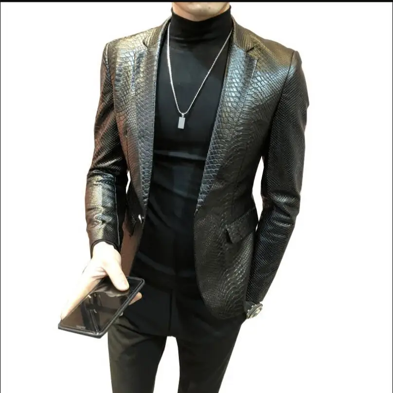 M-4XL новая мужская куртка из искусственной кожи корейский Тонкий костюм пальто повседневный костюм Молодежный Змеиный узор куртка размера плюс одежда - Цвет: Черный