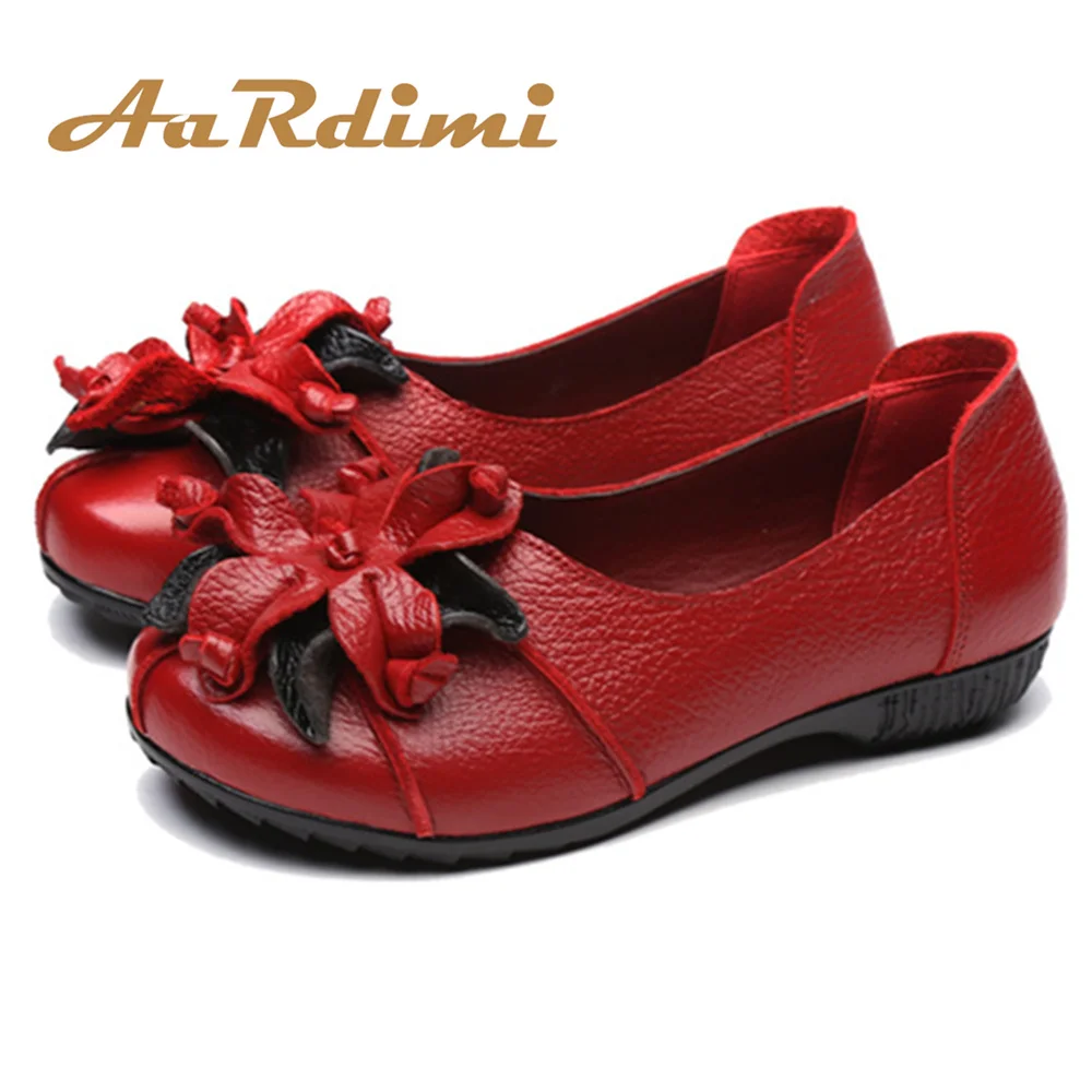 AARDIMI Retro Flowers Women Shoes Genuine Leather Shallow Flat Shoes Woman Retro Slip On Casual Female Flats Shoes