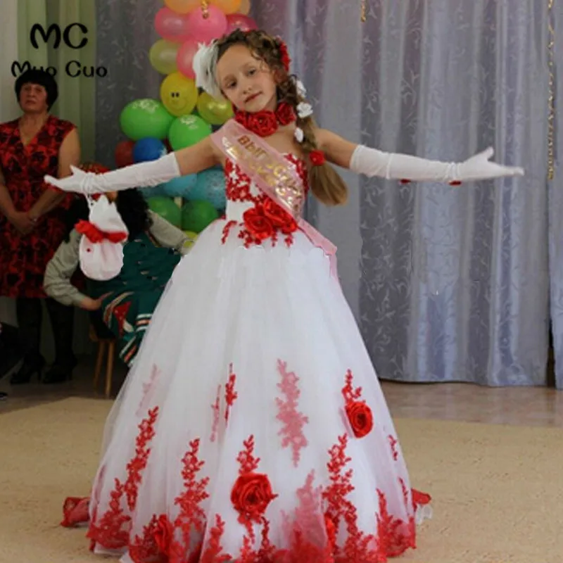 as pic Mocuo/ г. Платья с цветочным узором для девочек Длинные Красные кружевные аппликации Детские Вечерние платья бальное платье девичьи платья для выпускного вечера пышные платья - Цвет: as pic
