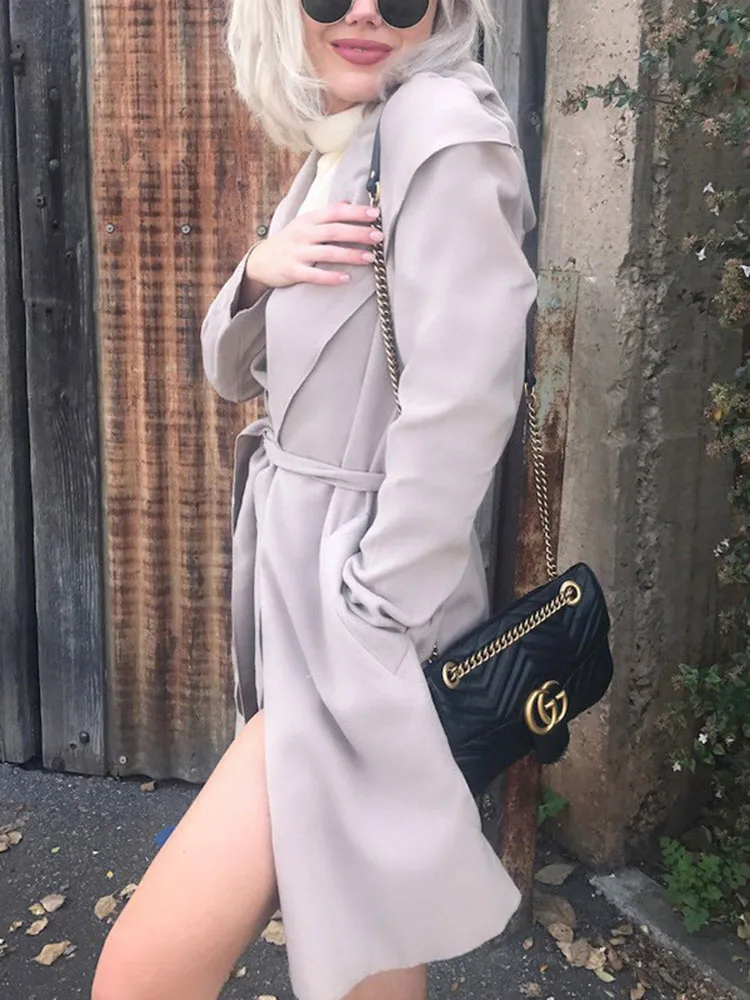 Solid Casual Autumn Trench Coat For Women Plus Size New Elegant Sexy European Fashion Full Trend Polish Slim Turn-down Collar