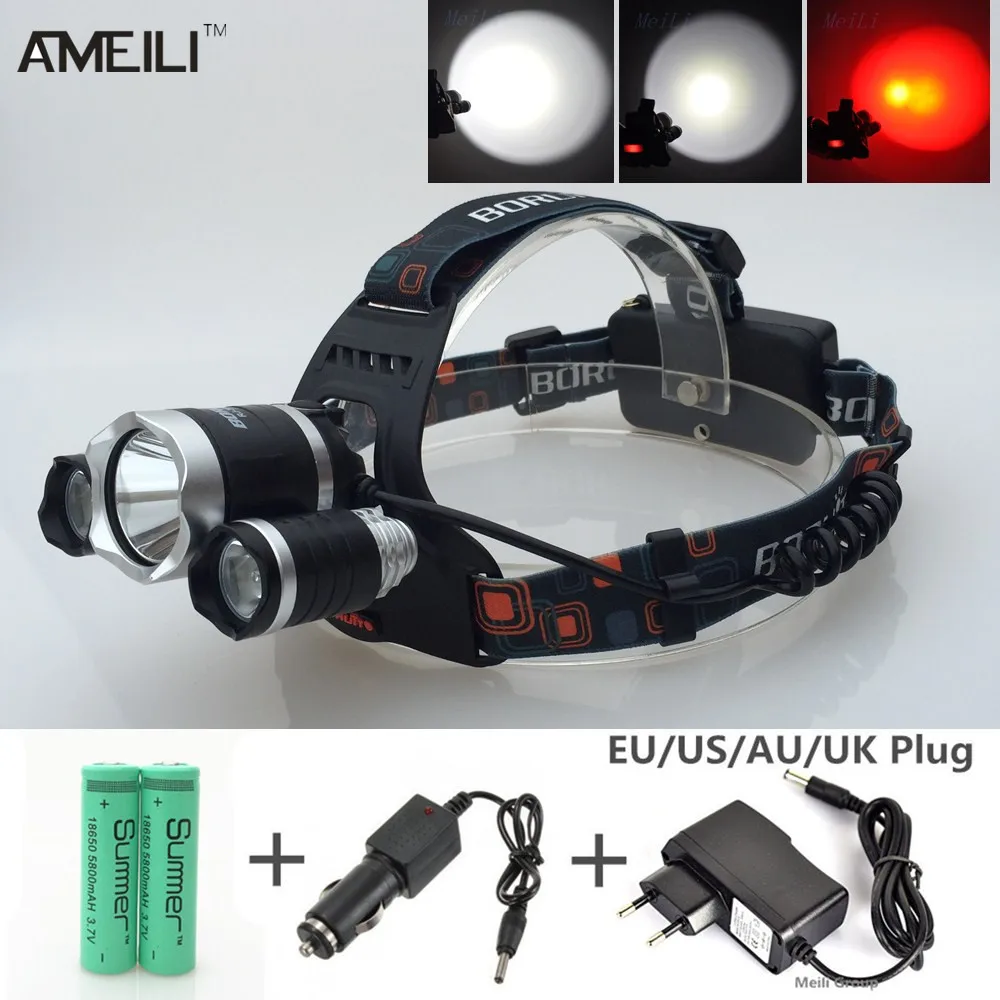 RED Color light RJ3000 5000LM T6 RED LED Headlight Headlamp 3 Mode