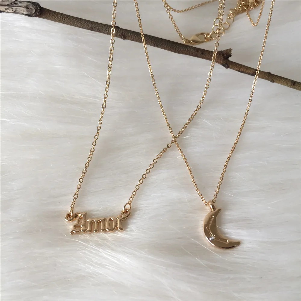 

GIRLY GOLD COLOR PLATING OLD ENGLISH FONT AMOR LETTER WITH CRESCENT LAYERED NECKLACE