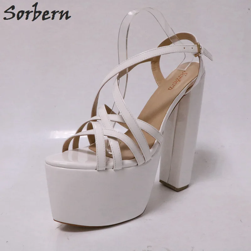 

White Patent Leather Customized Wide Women Sandals Thick Platform Chunky Heels Open Toe Slingbacks zapatos mujer Made-to-order