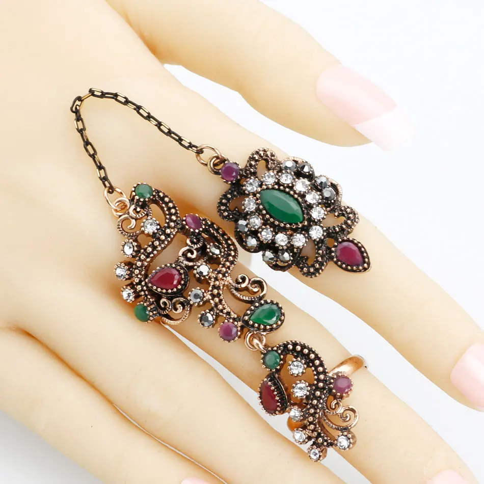 Новое турецкое винтажное цветочное звено цепи двойное кольцо для женщин Античная бронзовая Бижутерия Смола открытие Детские кольца на два пальца по цене