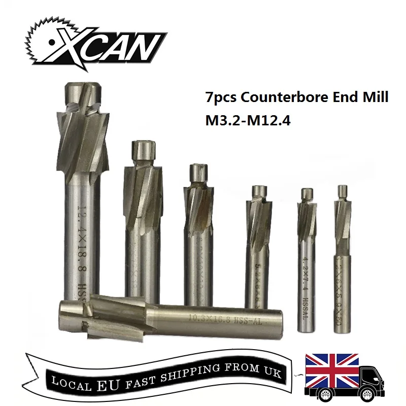 XCAN 7pcs HSS Counterbore End Mill M3.2 M12.4 Pilot Slotting Tool