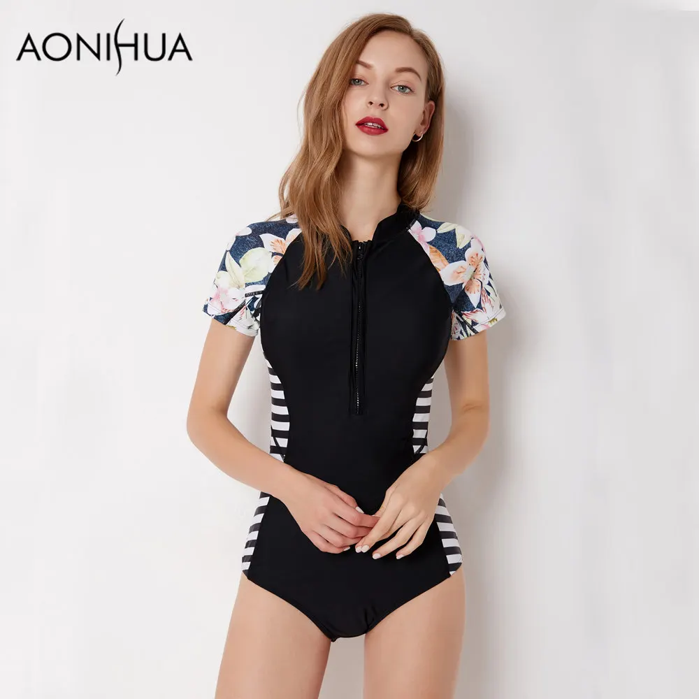 AONIHUA Black Swimsuit 2018 Slim Striped One Piece Swim Suits Women Short sleeve Retro floral Beach Wear Surfing Swimwear XXL