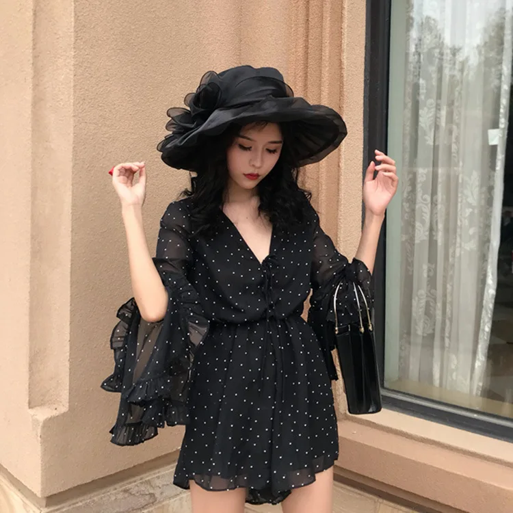 

Sannian Korean Version Of The Sexy Wave Point With V Leader Trumpet Sleeves Holiday Sunscreen Jumpsuit Wide Leg Casual Shorts