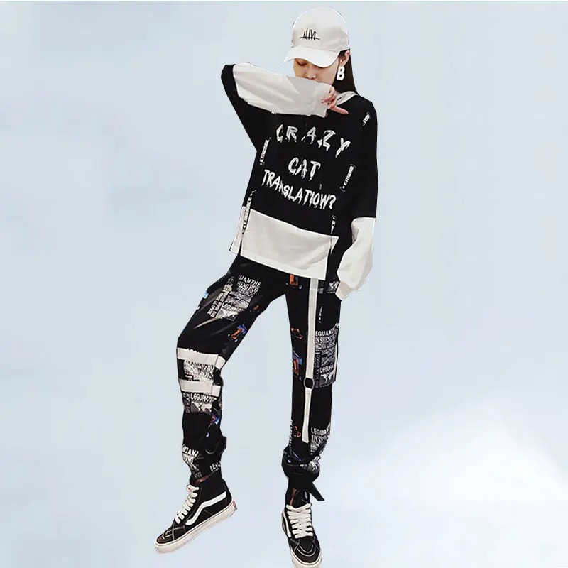 

spring 2 piece set women Streetwear 2019 Summer New Fashion Printing Hooded Tops Elastic waist Ankle-Length Pants Women set 014
