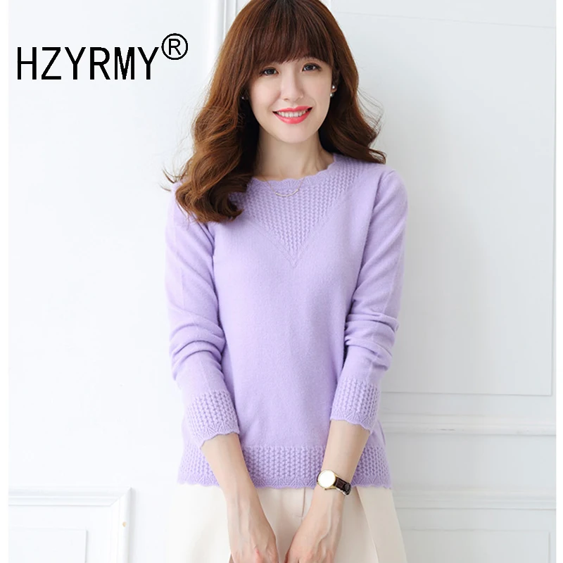 HZYRMY Spring and Autumn New Women's Cashmere Sweater Fashion Round Neck Solid Color Soft Shirt Short Wool Pullover Warm | Женская