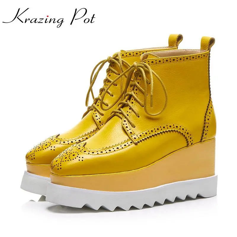 Krazing Pot cow leather vintage square toe high heels wedges winter boots plus lace up increased lace up ankle boots L36