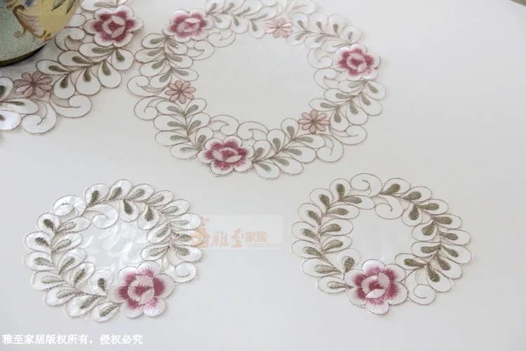 

free shipping 5 pic/lot pink cutout fabric embroidered coasters placemat disc pads heat plate felt for home decor with flower