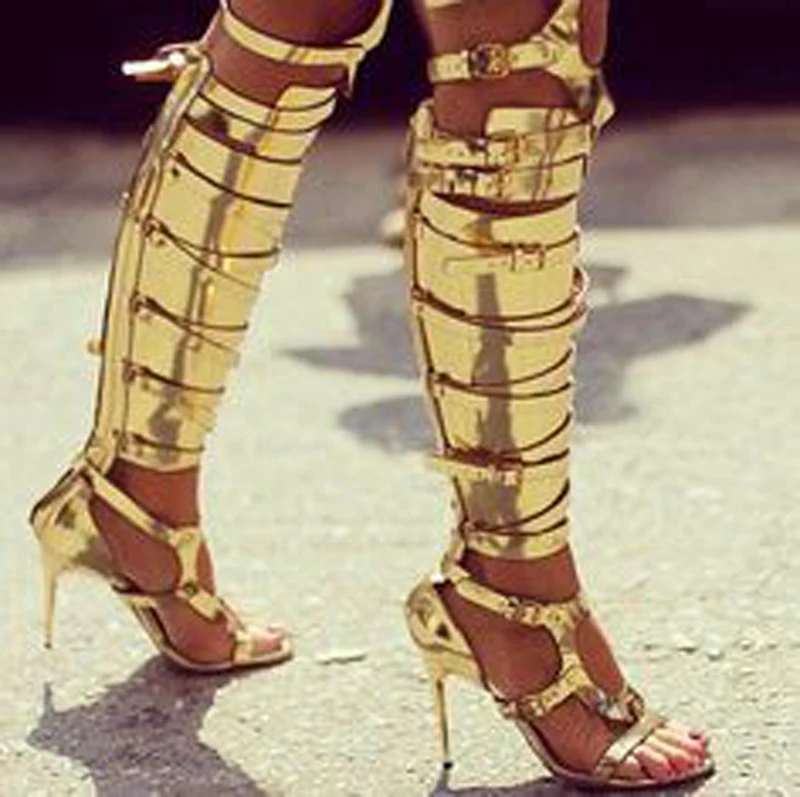 Luxury Gold Leather Women Sandals Buckle Strap Hollow Out Over Knee Boots Sexy Open Toe Stiletto High Heels Summer Shoes Woman