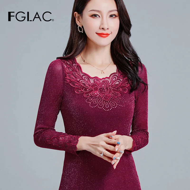 

FGLAC 4XL plus size women t-shirt Fashion casual long sleeve hollow out t shirt hollow out Diamond women tops