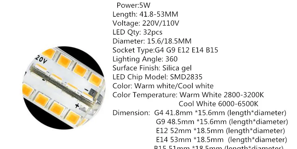 G4 G9 E14 E12 B15 5 Вт 32 светодиодный SMD2835 AC 220 V/110 V светодиодный лампы типа Корн