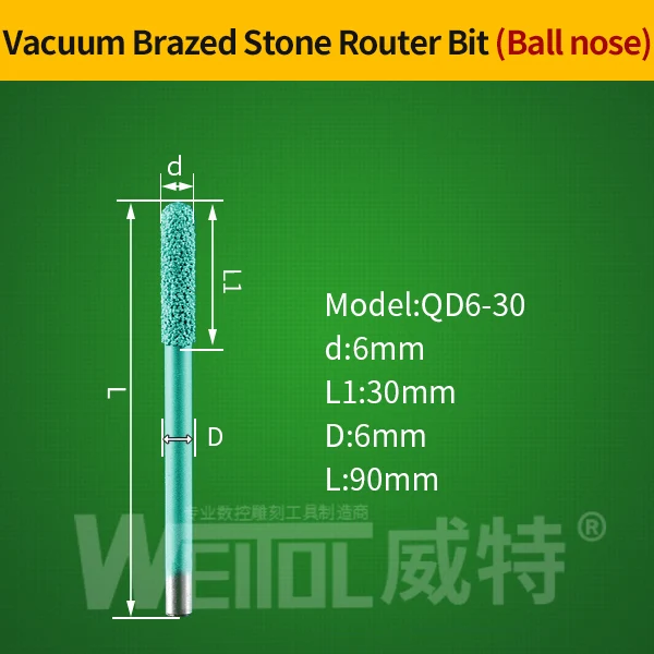WeiTol 1 шт. 3D резьба биты вакуумной пайки камень режущие биты шариковый Нос фрезы 3D V паз Гравировка Биты для гранита - Длина режущей кромки: QD6-30