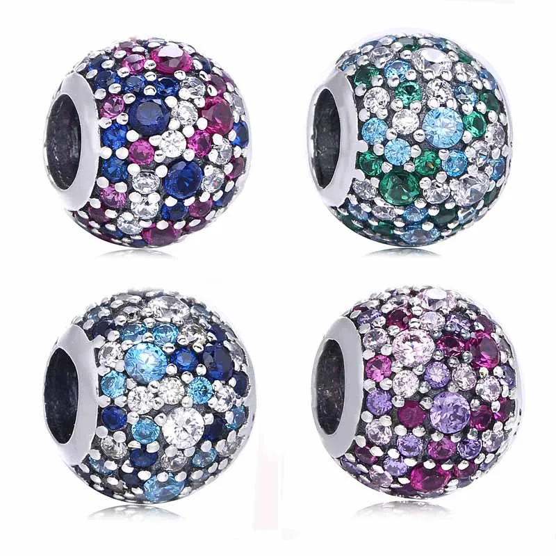 

New 925 Sterling Silver Bead Charm Pave Multicolor Mosaic Ball With Crystal Beads Fit Pandora Bracelet Bangle Diy Jewelry