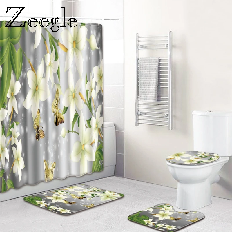 

Zeegle Waterproof Shower Curtain 180x180 cm with Bathroom Toilet Mat 4PCS Set Washing Machine Mat Floral Pattern Floor Rugs