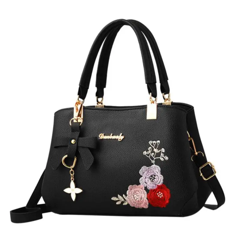 

Women Hot 2019 Fahion Handbags PU Leather Versatile Messenger Zipper Embroidered Flower Pendant Simple Portable Shoulder Bag