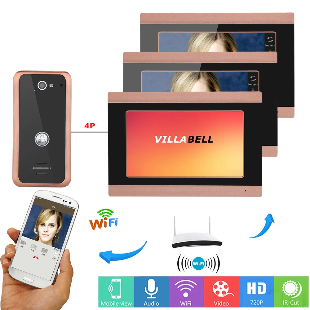 

7inch Wireless 3 Monitors Wired Wifi Video Door Phone Doorbell Intercom Entry System with 1000TVL Wired Camera Night Vision