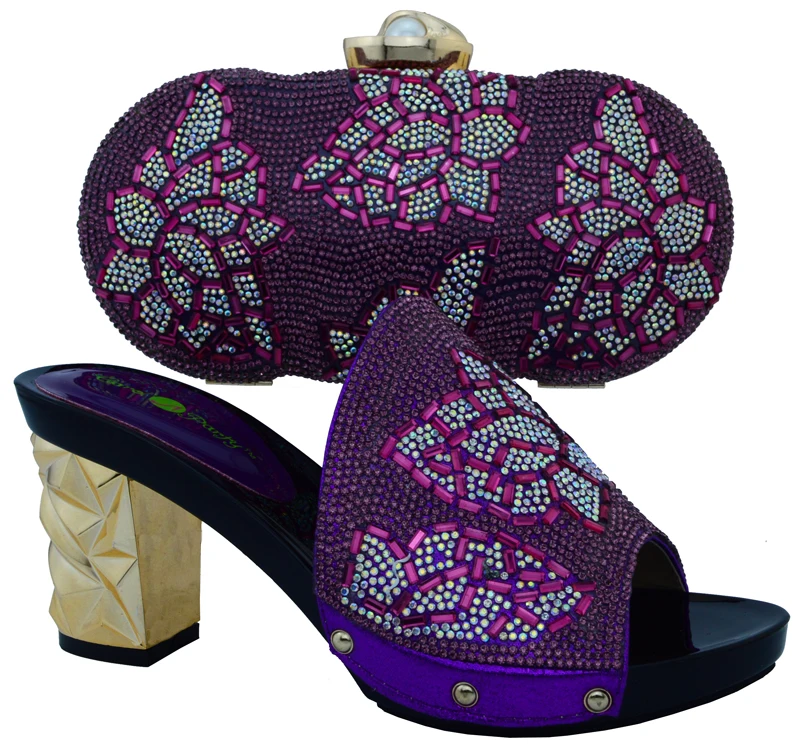2016 Novelty Embellished Round Toe Italian Shoes And Matching Bags In Purple Color High Heel Shoes