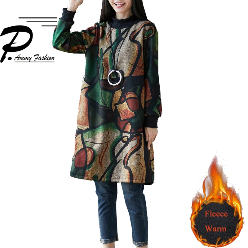 Women's Fleece Lined Aztec Print Oversized Wool Jumper Dress Thicken