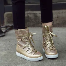 YMECHIC/; модные зимние ботинки в западном стиле; Блестящие ботильоны на платформе с перекрестной шнуровкой; цвет золотистый, Серебристый; женская обувь
