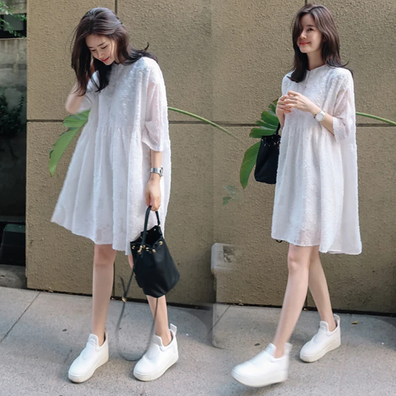 

Plus Size White V-neck Chiffon Maternity Dress Half Sleeve Loose Pregnant Women Mini Dress Tassel Empired Casual Dress Sweet