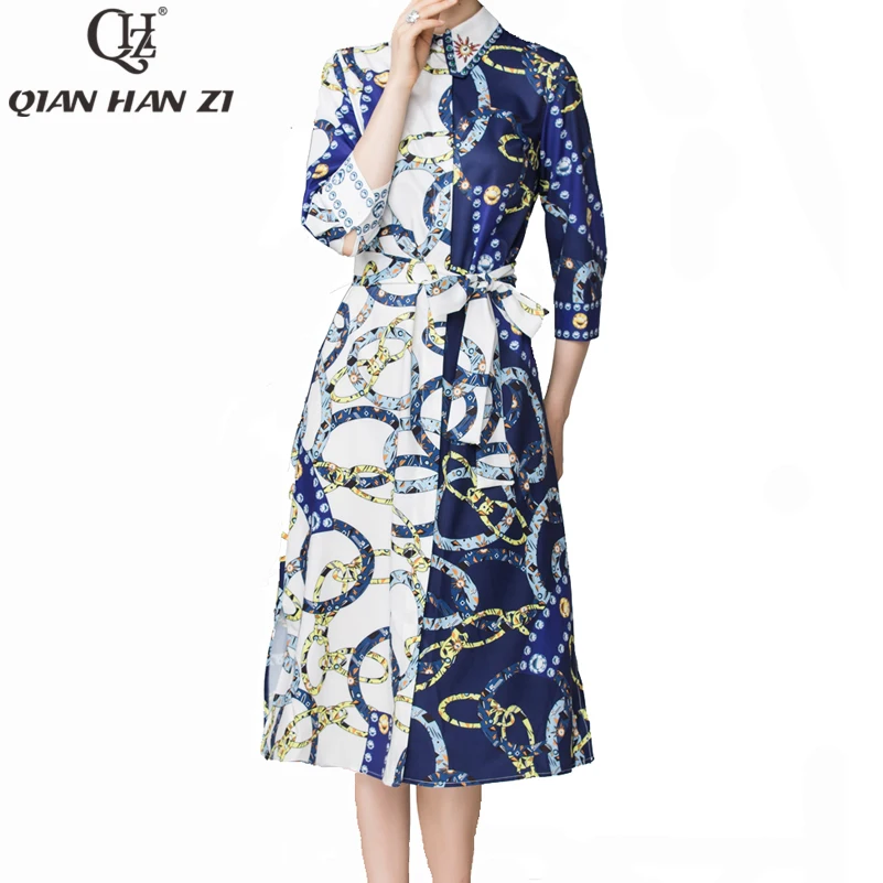

Qian Han Zi 2019 NEW Designer fashion runway dress Women's 3/4 Sleeve Diamonds Elegant Belt Split Printed Vintage Midi Dress